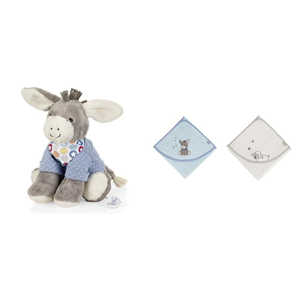 Sterntaler Spieluhr, Stofftier Esel Emmi, Austauschbares Spielwerk & Baby Handtuch Kapuze - Kapuzenhandtuch EMMI - Badeponcho- 100% Baumwolle, schnell trocknend - Badetuch mit Kapuze