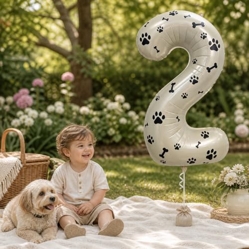 Image of 40 Inch Cream Beige Number 2 Foil Balloon DIY with Dog Paw Bone Stickers