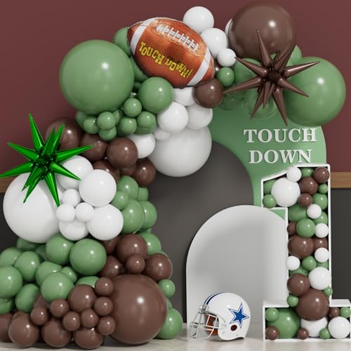 Adeyoo Football Balloon Garland Arch Kit 129Pcs Green and Brown Balloons Big Star Football Foil Balloons Sage Green White Balloon for Touch Down Rugby Birthday Sports Party Decorations