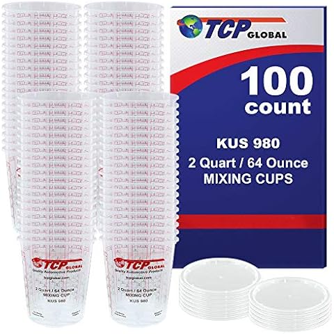 Custom Shop - Full Box Case of 100 Each 64 Ounce Graduated Paint Mixing Cups - Cups are Calibrated with Multiple Mixing Ratios - Also Includes 12 Lids - Cups Hold 80-Ounces Epoxy Resin Cover