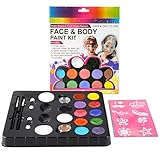 Face Paint Kit Safe & Non-Toxic 12 Color Paints + 2 Glitters + 30 Popular Stencils + 2 Versatile Brushes, 2 Sponges, 2 Double-headed Brush Paints 60 - 80 Faces Fun for Party and Festival