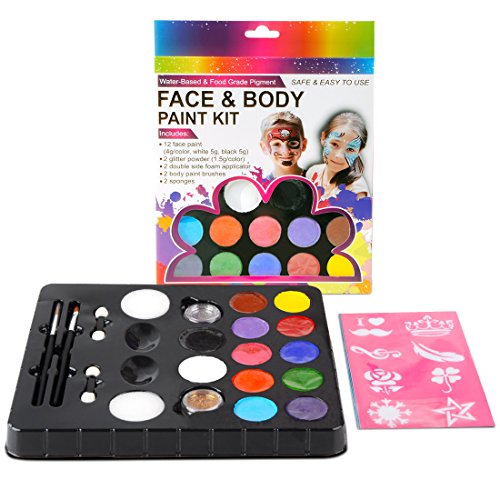 Face Paint Kit Safe & Non-Toxic 12 Color Paints + 2 Glitters + 30 Popular Stencils + 2 Versatile Brushes, 2 Sponges, 2 Double-headed Brush Paints 60 - 80 Faces Fun for Party and Festival