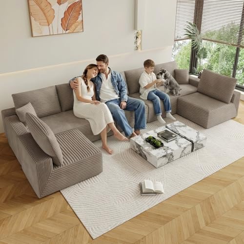 Image of Oversized Modular Sectional Sofa Couch, Large 7 Seater Corner Sofa Modern U Shaped Sectional Couch Cloud Couches for Living Room, Office, Spacious Space, Corduroy, No Assembly Required, Camel