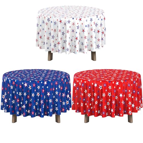 3 Pack 4th of July Memorial Day Tablecloth Decorations, Plastic Round American Red White Blue Stars Table Cloth Patriotic Disposable Table Cover for Independence Day Party Supplies, 54x108 Inch