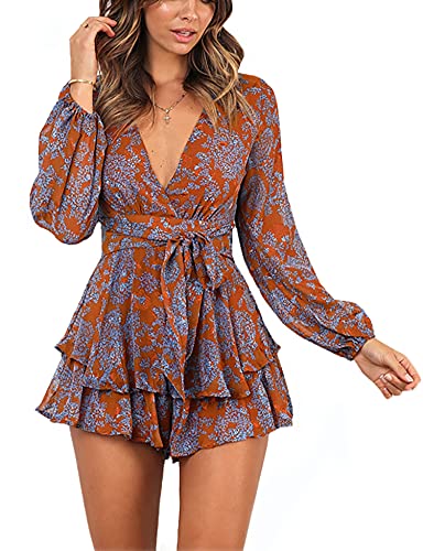 Bonkwa Women's Summer Deep V-Neck Floral Print Romper Long Baggy Sleeves Double Layer Ruffle Hem Short Jumpsuits With Belt #TOP1