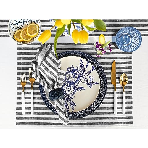 Image of Solino Home 100% Pure Linen Placemats, 14 x 19 in, Black Striped, Set of 4