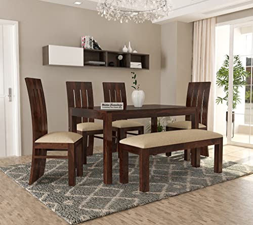 Signature Kraft Sheesham Wooden Dining Table with Chairs and Bench for Sitting | Solid Wood Dining Table 6 Seater Set for Home and Dining Room Furniture | Walnut Finish