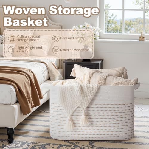 Image of OIAHOMY 108L Extra Large Blanket Basket, 25 inchx16 inchx16 inch Rectangle Woven Cotton Rope Baskets for Living Room, Toy Storage with Handle- Light Yellow & White