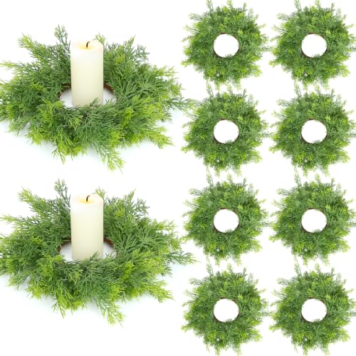 Image of 8 PCS Christmas Candle Rings Wreath Artificial Green Norfolk Cedar Mini Candle Ring Holder Small Wreaths for Xmas Cabinets Kitchen Windows Home Wedding Table Centerpiece Door Window Chair Wall