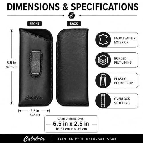 Image of Calabria Slip-In Eye Glasses Case w /Plastic Pocket Clip Faux Leather Felt Black Men Women Eyeglass Pouch Sunglasses Holder - 12PACK