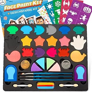 Oukzon Face Paint Kit for Kids - 18 Colors Face Paints for Children Unique, 180 pcs Face Painting Kit with Rainbow Cake, Gem Sheet, Stencils, Hair Chalks, Body Facepaints for Halloween, Carnival