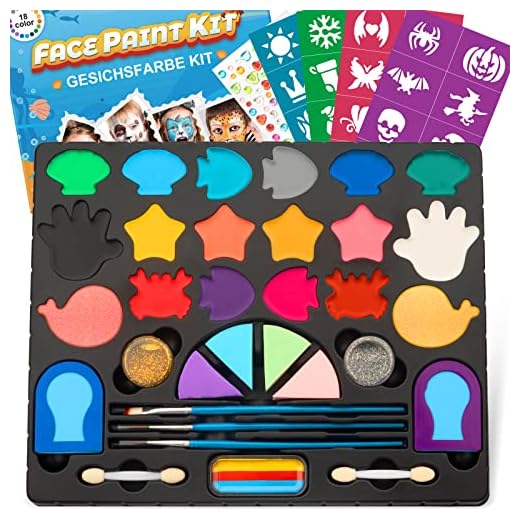 Oukzon Pinturas Cara para Niños, 18 Colores Maquillaje Carnaval Única, Pintura Facial No Tóxico, Pintacaras Infantil Corporales con Tarta Arco Iris, Plantillas, Tizas para Pelo, Regalo para Halloween