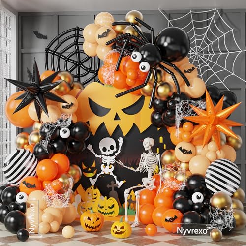 174Pcs Halloween Black Orange Balloon Arch Garland Kit with Spide...