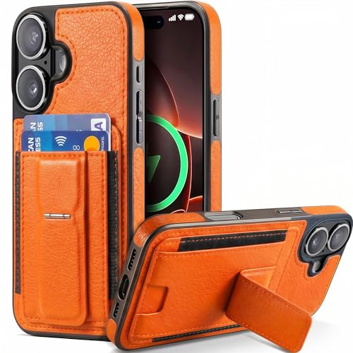 Étui en cuir pour iPhone 17 orange avec béquille intégrée et fente pour cartes