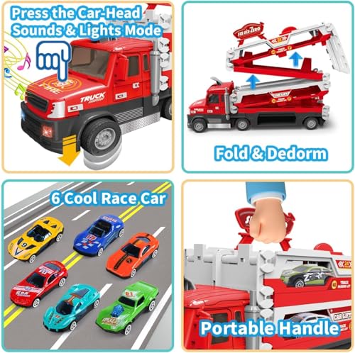 Image of Big Hauler Storage & Deform Truck Toy with 55 inch 2 Ejection Race Track & 6 Cars- Catapult Truck with LED Light & Music for Kids (Red)