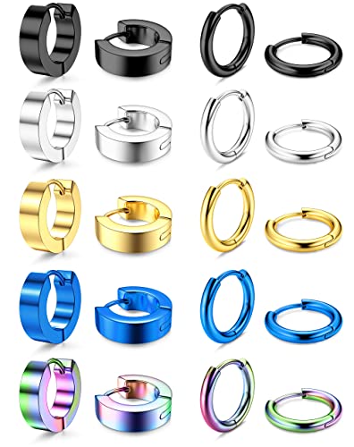 Adramata 10 Paires Boucles d'Oreilles Homme Créoles Acier Inoxydable Boucle d'Oreille Anneau Coloré Or Noir Argent Boucles d'Oreilles Créoles Piercing Anneau Conque Cartilage Helix Piercing Oreille