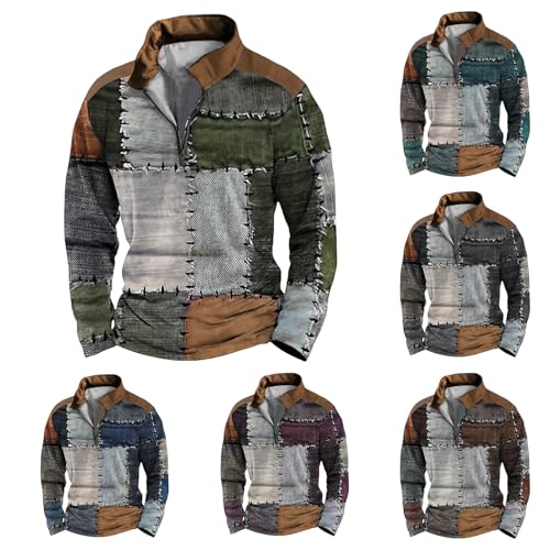 Wankang Men's Hippy Shirts Quarter Zip Pullover Plaid Patchwork Sweatshirt Long Sleeve Vintage Streetwear Tops for Men2