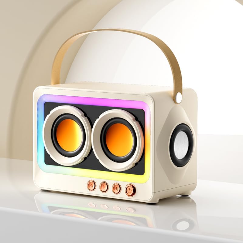 Altavoz Bluetooth retro con luces RGB - Altavoz inalámbrico portátil compatible con tarjeta USBTF para uso en exteriores e interiores (crema)