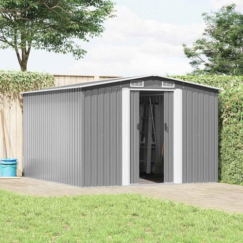 WGYHOME Caseta de jardín de metal gris 257 x 298 x 178 cm con puertas correderas dobles y rejillas de ventilación, cobertizo para herramientas, muebles de jardín y electrodomésticos, jardinería hobby