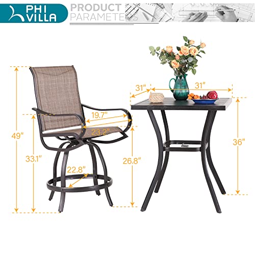 Phi Villa Outdoor Bar Set Patio Swivel Bar Stools High Back Patio Bar Table And Chairs 3 Pieces With 1 Metal Bar Table Patio Dining Set Bar Height For Lawn Garden Backyard Supports 300Lbs #TOP6