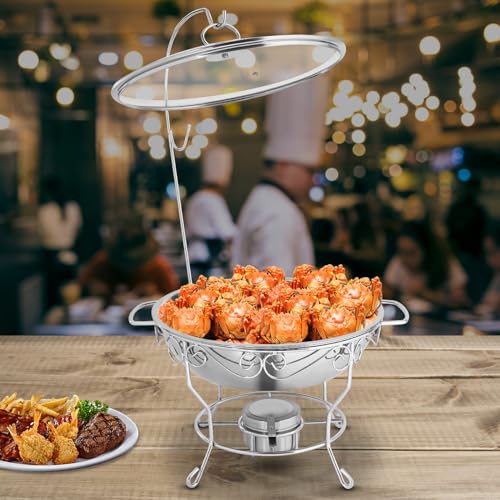 HuKaiL 6L Edelstahl Warmhaltebehälter, Rund Speisewärmer Chafing Dish mit Stützfüße und Topflappen, Warmhaltegerät Buffetwärmer für Cafeterias, Hotel, Schulkantinen, Bankette, 43 * 43 * 67cm, Silber – Bild 3