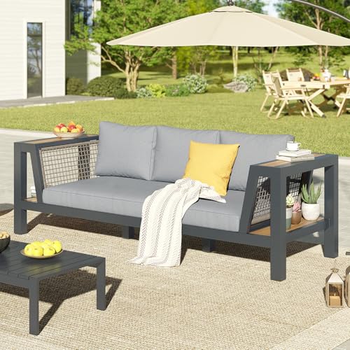LUXOAK Outdoor Aluminum Patio Sofa, Modern 3-Seater Tool-Free Assembly Couch with Side Table Armrest, Deep Seating with Thick Cushions, Weatherproof Backyard Furniture for Porch, Balcony, Deck