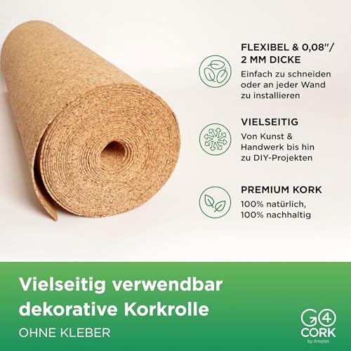 Go4Cork Extra große Korkrolle - 50 cm x 8 m | Doppelseitige Premium Öko- Kork Rolle | Vielseitig einsetzbar für Basteln & Zuhause, Klassenzimmer & Büro Deko | Rutschfest und leicht verwendbar