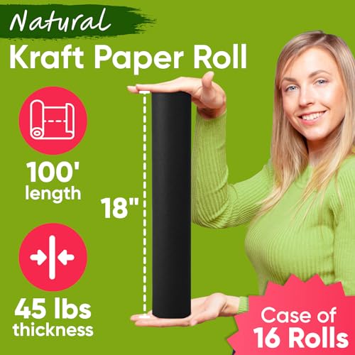Image of Black 18 inch x 1200 inch (100 ft) Kraft Paper, 45 lbs Thickness, USA-Made Recyclable, 16 Rolls