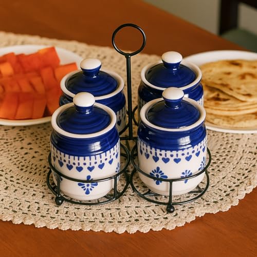 Image of Niyara Handcrafted Ceramic Pickle Jar Set, Premium Metal Tray, Spoons & Lids - Multipurpose Storage for Pickles, Chutneys, Spices & Condiments (Set of 4, 300ML /Each) (Blue Flower Design)