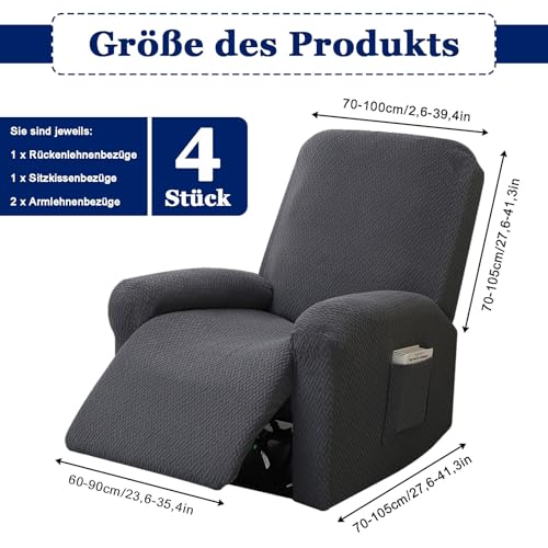 CAAGGMM 4-Teilig All-Inclusive Sesselbezug, Stretch Relaxsessel Bezüge, Recliner Sofabezug, Stretch Sessel Überzug mit Taschen, Freizeitstuhlbezug, für Fernsehsessel Liege Sessel(Dunkelgrau) – Bild 3