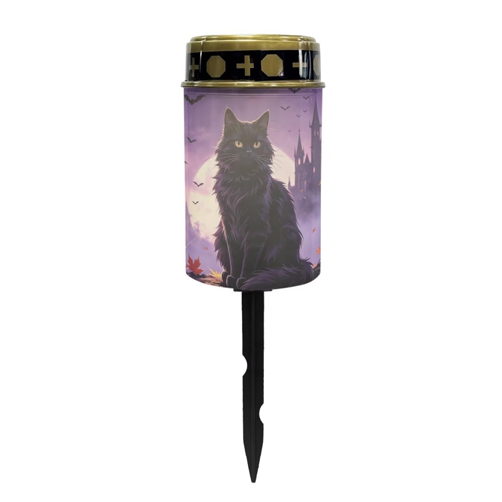 Poceacles Solar Lights Outdoor Waterproof Cemetery Solar Outdoor Candle Grave Decoration Votive Candles Blessed Lights for Loss of Loves One, Black Cat Maple Leaf Bat Print Violet