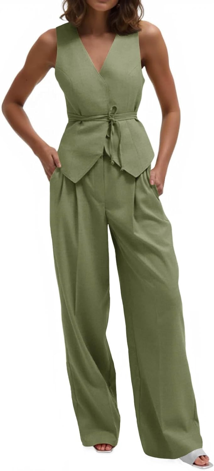 Cicy Bell Womens 2 Piece Outfits V Neck Tie Waist Blazer Vest and Wide Leg Business Casual Suit Pants Sets