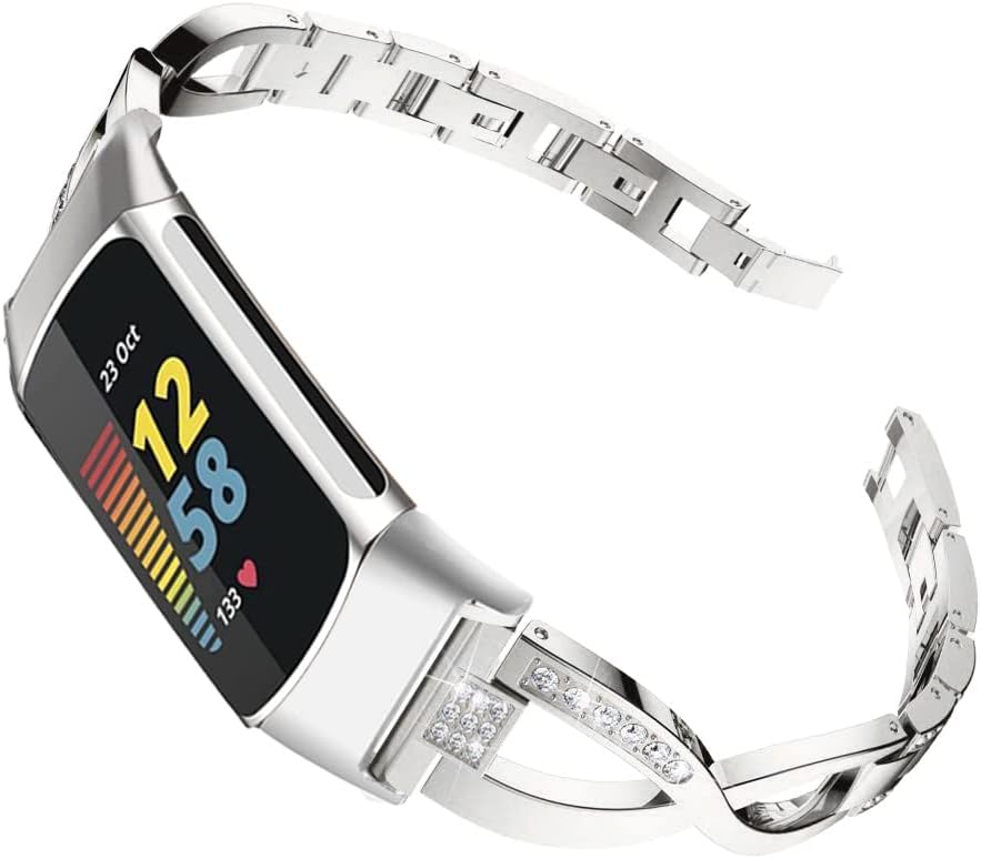 AISPORTS Compatible with Fitbit Charge 6/Charge 5 Band for Women, Slim Crystal Bling Glitter Diamond Rhinestones Jewelry Metal Bracelet Sport Wristband Replacement Band for Fitbit Charge 6/Charge 5