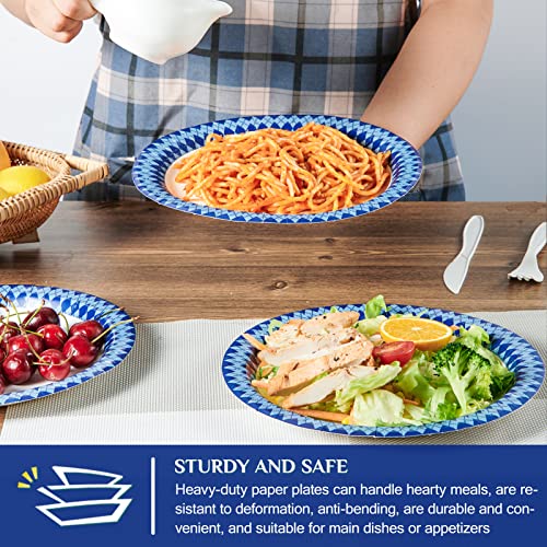 Jolly Party 8.37 Inch Disposable Paper Plates, 300 Count Dinner Paper Plates, Soak-Proof Disposable Plates, Cut-Proof Paper Plates For Everyday Use, Navy Diamond Pattern Rim Design #TOP2