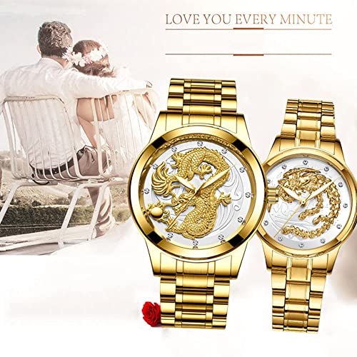 Image of Goodern Couple Pair Watches Luminous Stainless Steel His and Hers Dragon Wristwatch Large Face Quartz Watch for Men & Women His and Her Couple Watches Romantic Quartz Waterproof Classic Couple Watch
