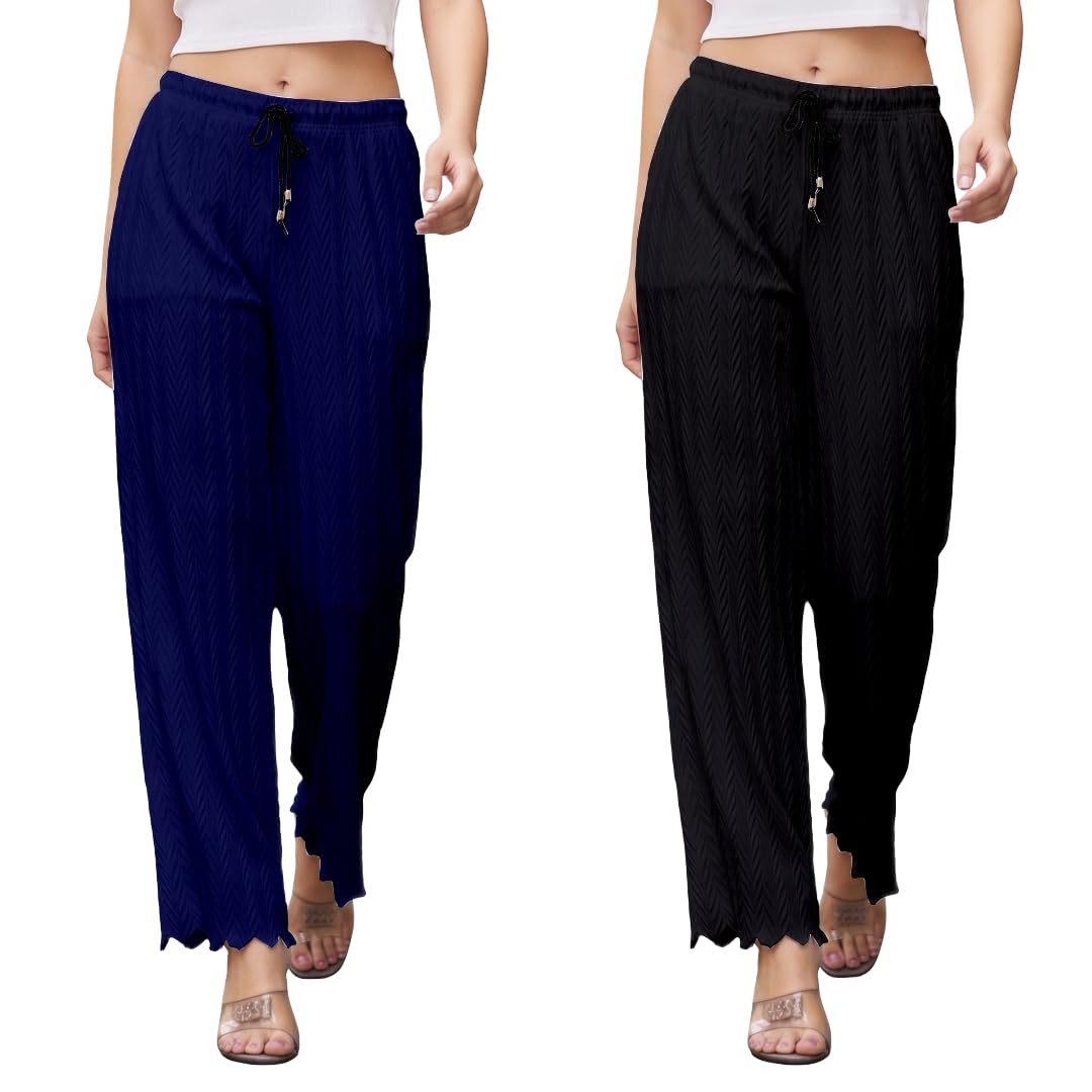 Women's Chevron Textured Palazzo Pants Combo Pack of 2 (Navy Blue & Black) | Elastic Waist Wide Leg Trousers-image-9