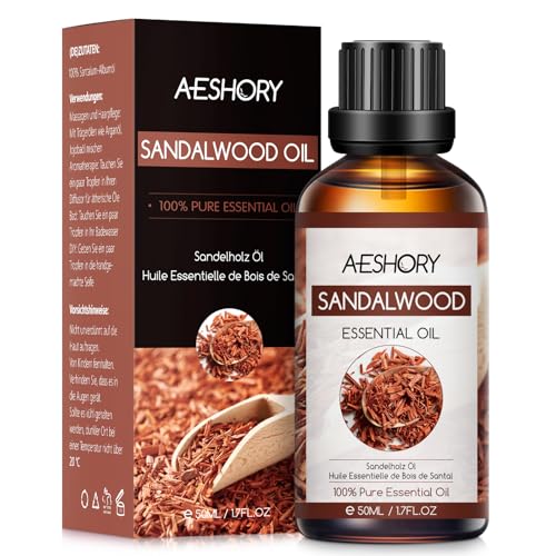AESHORY Huile Essentielle de Bois de Santal 50ML, Huile de Bois de Santal pour Diffuseur, Huiles Parfumées Aromathérapie de Qualité pour Massage, Bain, Soins, Détendre, Apaiser