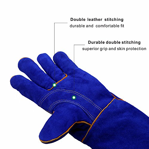 Kim Yuan Extreme Heat & Fire Resistant Gloves Leather With Kevlar Stitching,Mitts Perfect For Fireplace, Stove, Oven, Grill, Welding, Bbq, Mig, Pot Holder, Animal Handling 1Pair (16In-Blue) #TOP2