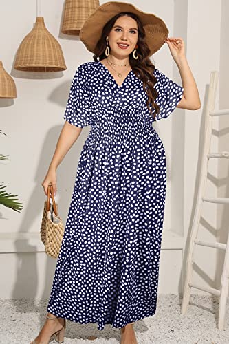 Image of OSTOO Women's Plus Size Hawaii Empire Waist Bat Short Sleeve Casual Floral Print Boho Maxi Dress