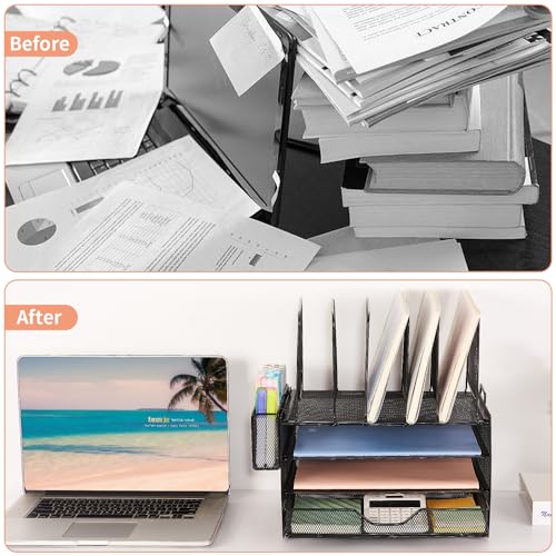 LEKETREE Desk Organizer with 5 Vertical File Holders, 3-Tier Paper Organizer and Drawer, Desk Accessories for Workspace (Black, 3T with Drawer)