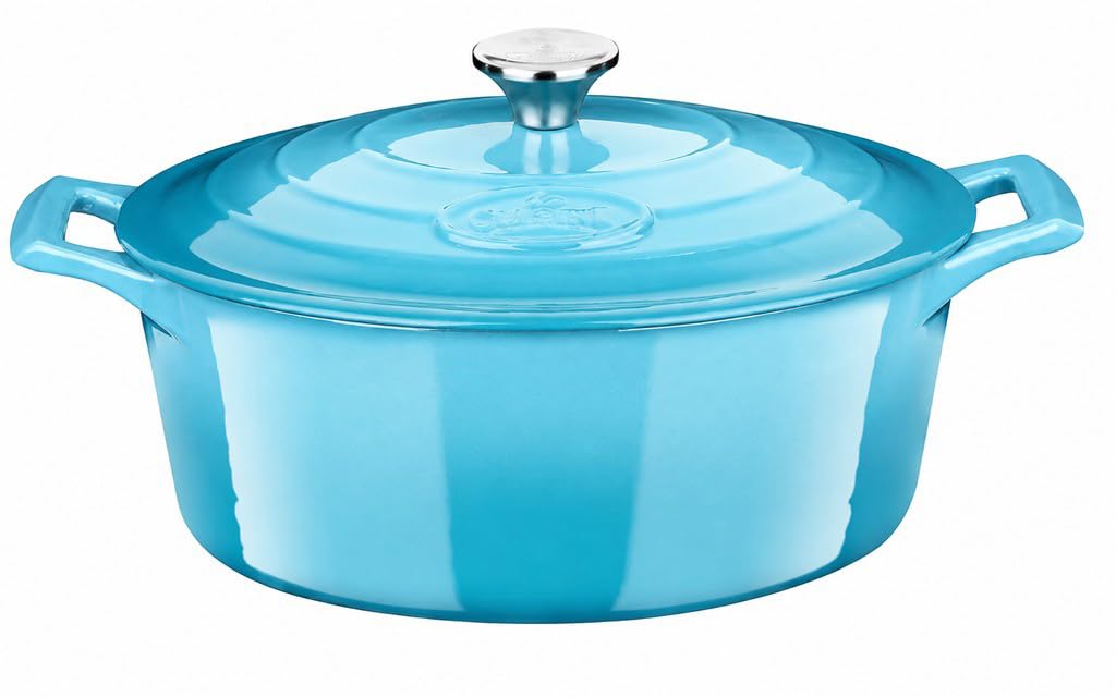 La Cuisine Gusseisen Bräter Bratentopf Topf Schmortopf Cocotte emailliert mit Deckel Induktion Brotbacktopf Backofengeeignet Ovale Form 33cm 6.5 Liter Hellblau…