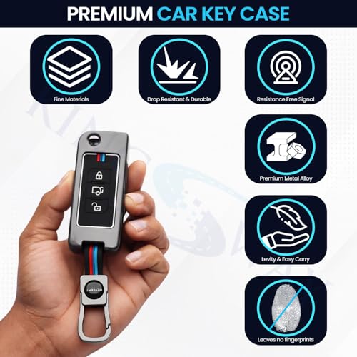 Image of KINGSWAY Mahindra Car Key Cover and Keychain Perfect Shape and Compatible with 3 Buttons Smart Key of All Mahindra Cars, Remote Key Shell, Key Case, Car Key Chain Cover, 360 Protection, Gunmetal Grey