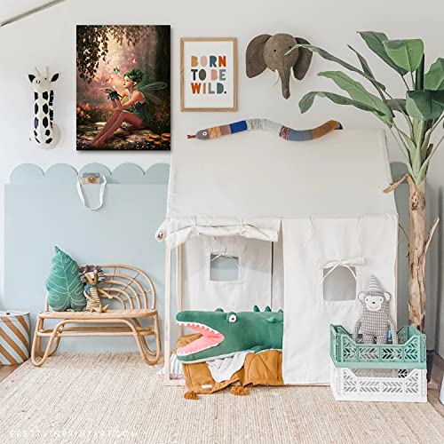 Soothan Nursery Decor Magical Forest Wall Art Fantasy Green Fairy & Colorful Butterfies Painting Canvas Prints Nature Wonderland Picture Fairytale Wall Decor For Kids Bedroom Dorm Decoration 12"X16" #TOP2