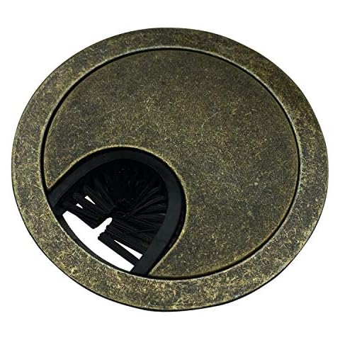 Antique Brass Metal Cable Grommet - 2 Piece"Lock in" Feature with"Brush" Opening for Management of Office & Computer Desk Wires - 60mm (2 3/8") Hole Opening - 1 Pack Cover