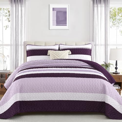 Dinjoy King Boho Striped Quilt Set, Purple Lightweight Bedspread Bedding
