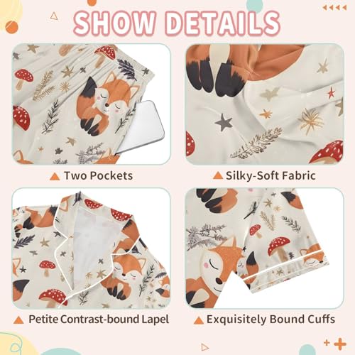 senya Serene Foxes with Mushrooms Satin Summer Pajama Sets Silk Short Sleeve Button Down Sleepwear3
