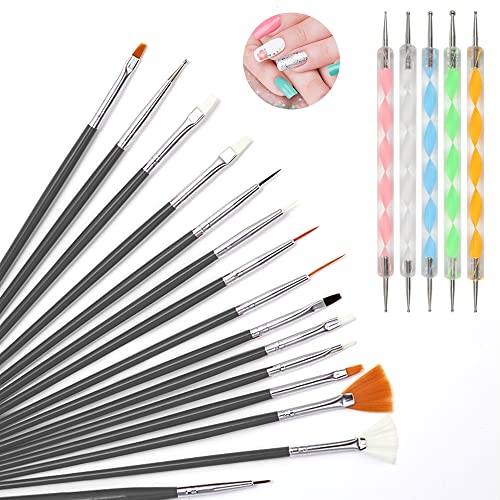20 Pièces Brosses à Ongles,Pinceau Nail Art Ongles,Dotting Pens Tool Nail Art,Pinceaux en Détail à Ongles Trousse,Pinceau Acrylique Ongle Nail Art Pinceau de Ensemble (Noir) Cover