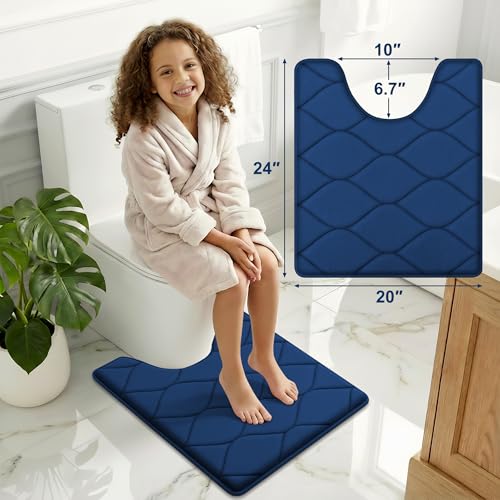 Image of Smiry Memory Foam U-Shaped Toilet Mat 24x20, Soft Absorbent Toilet Rugs | Navy Blue, Plush Quick Dry and Machine Washable Cushion Contour Rug for Toilet, Shower, Tub & Home Decor
