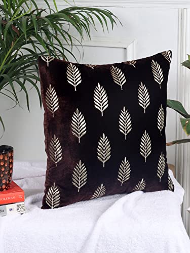 Image of Decoghar Brown Handmade Sofa Cushion Covers | Golden Zari Leaf Embroidered Square Throw Pillow Cushion Cover | | 16 X 16 Inch | Pack of 3