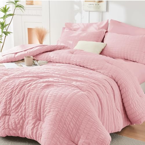 Image of HYMOKEGE Pink Full Size Comforter Sets Seersucker 7 Pieces, All Season Luxury Bed in a Bag for Bedroom, Bedding Set with Comforters, Sheets, Pillowcases & Shams